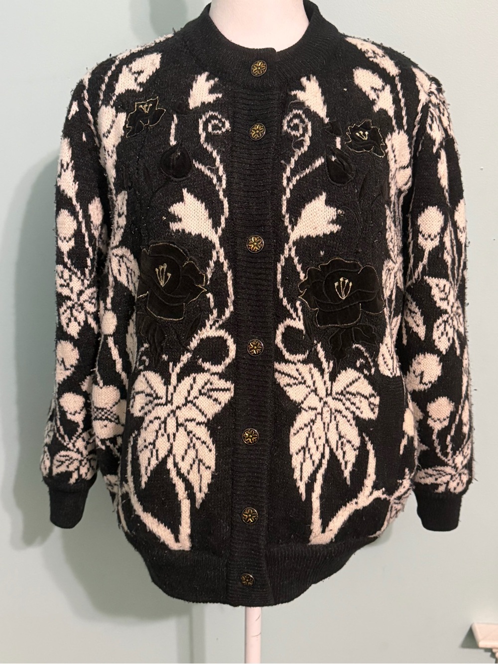 Vtg 80s 90s Society Ball Floral Cardigan Sweater Black Cream Velvet Appliqué OSF